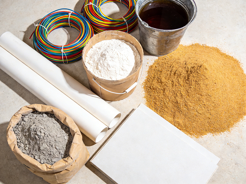 水泥、沙子、石膏板、膩?zhàn)臃邸⑺堋㈦娋€、防水涂料